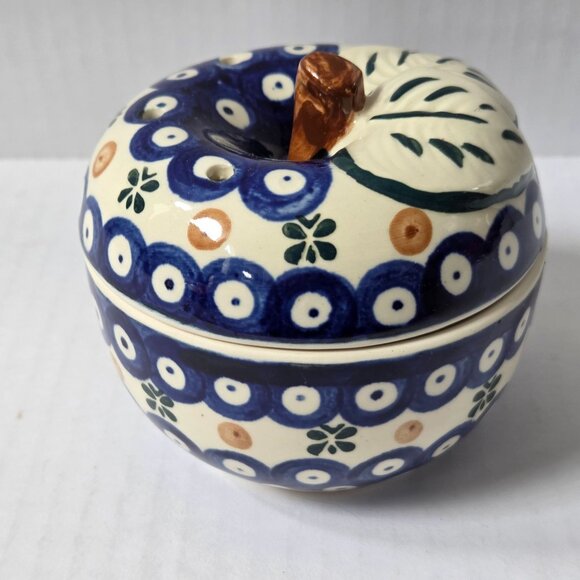 Boleslawiec Polish Pottery Peacock Blue Apple Baker Covered Dish Decor ONLY READ - Picture 1 of 11